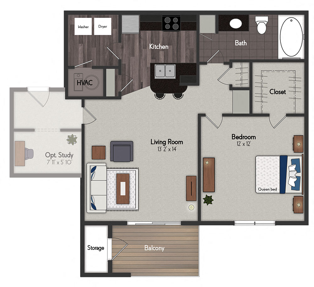 Floor plan for 1 bed, 1 bath, 733 sqft